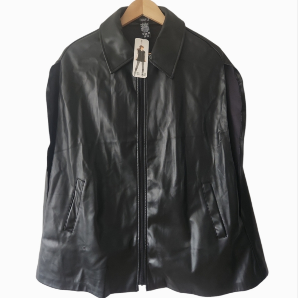 Evissa Black Faux Leather Oversized Cape Vest NEW Womens Sz S/M
